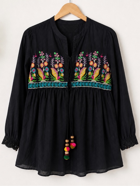 EGO Tops - Ego Embroidered Peasant Blouse Cardigan Black Floral Boho Tie Front Top Small